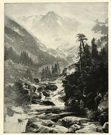 Vintage illustration Mount of the Holy Cross, a high and prominent mountain summit in the northern Sawatch Range of the Rocky Mountains of North America named for the distinctive cross-shaped snowfield on its northeast face