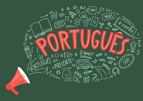 Portugues. Presente, o verbo, oi!, mas, eu, O que?, um, uns, uma, umas. Translate: Portuguese. Present, the verb, hi !, but, I, What ?, one. Megaphone with language hand drawn doodles.