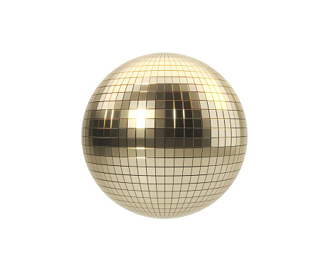 Gold colored disco ball on white background. Horizontal composition with clipping path.