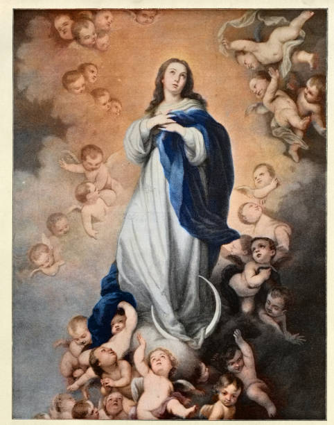 Virgin Mary, The Immaculate Conception of Los Venerables, Spanish artist Bartolomé Esteban Murillo 17th Century Vintage illustration after The Immaculate Conception of Los Venerables an oil painting by the Spanish artist Bartolomé Esteban Murillo 17th Century classical style stock illustrations