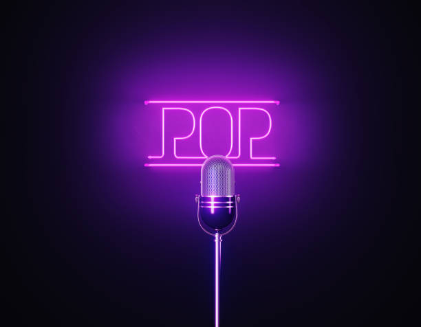 Purple Neon Light Writes Pop Above A Silver Colored Microphone Over Black Background