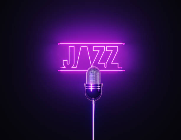 istock Purple Neon Light Writes Jazz Above A Silver Colored Microphone Over Black Background 1452877542
