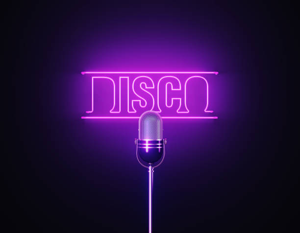 istock Purple Neon Light Writes Disco Above A Silver Colored Microphone Over Black Background 1452877689
