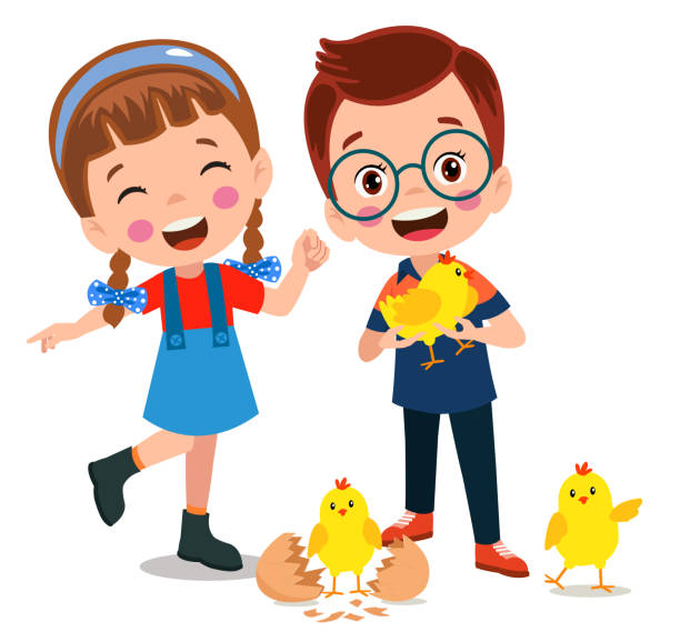 귀여운 노란 작은 병아리와 소년 - baby chicken illustrations stock illustrations