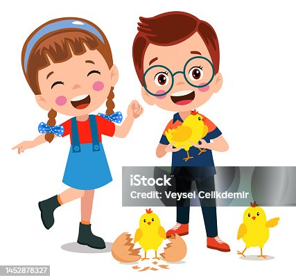 istock cute yellow little chicks and boy 1452878327