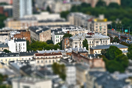 View on historic buildings in city center of Warsaw with tilt shift effect resembling maquette