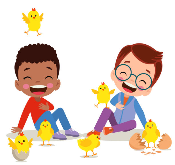 ilustraciones, imágenes clip art, dibujos animados e iconos de stock de lindos pollitos amarillos y niño - chicken young bird animal egg baby chicken