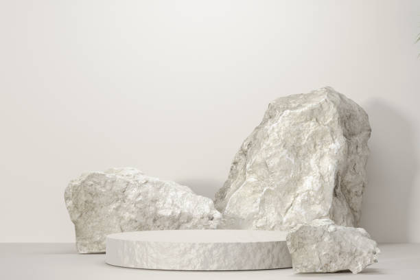 istock Rock stone white podium Blank product shelf standing backdrop. 1452880816