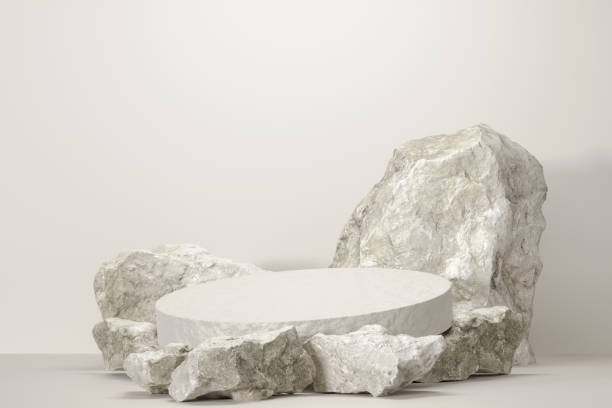 istock Rock stone white podium Blank product shelf standing backdrop. 1452880830