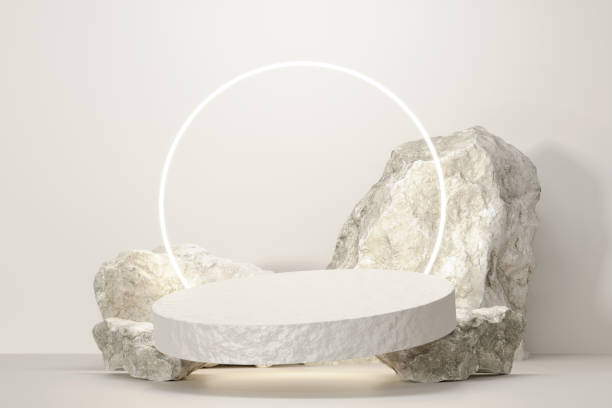 istock Rock stone white podium Blank product shelf standing backdrop. 1452880836