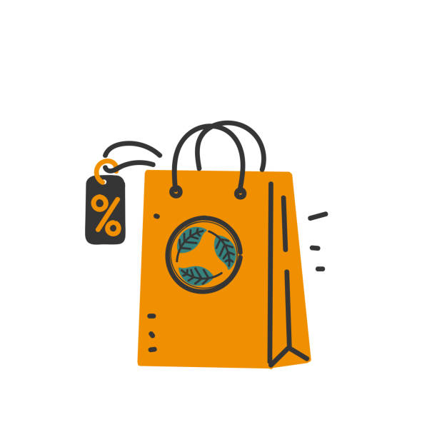 ilustrações, clipart, desenhos animados e ícones de desconto do saco de papel do doodle desenhado à mão com o vetor da ilustração do símbolo ecológico - shopping bag paper bag retail drawing