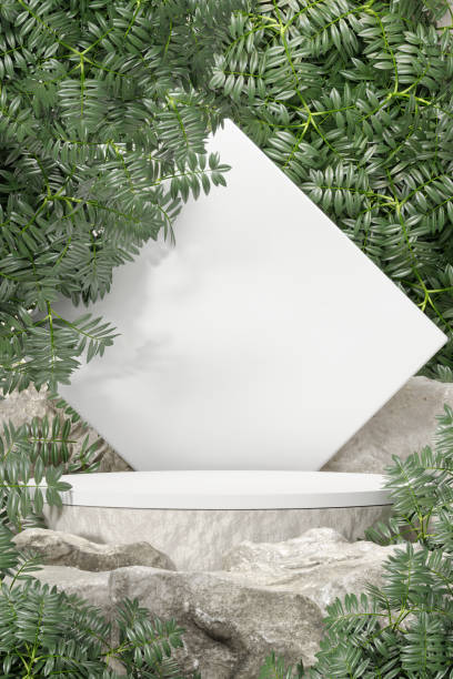 istock Rock stone white podium Blank product shelf standing backdrop. 1452880946