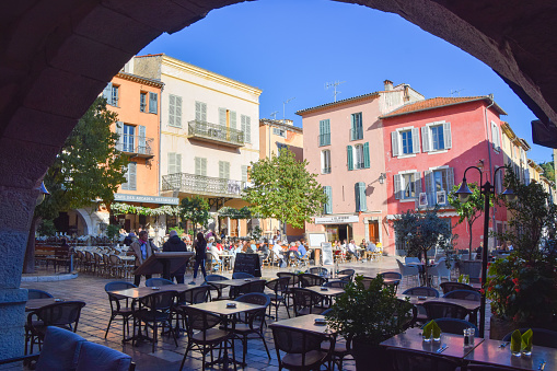 Valbonne, France - November 6 2019: Town square Place des Arcades in Valbonne Village