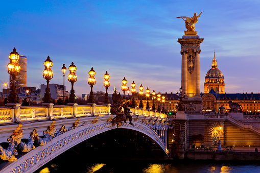 Pont Alexandre III in Paris at twilight, France