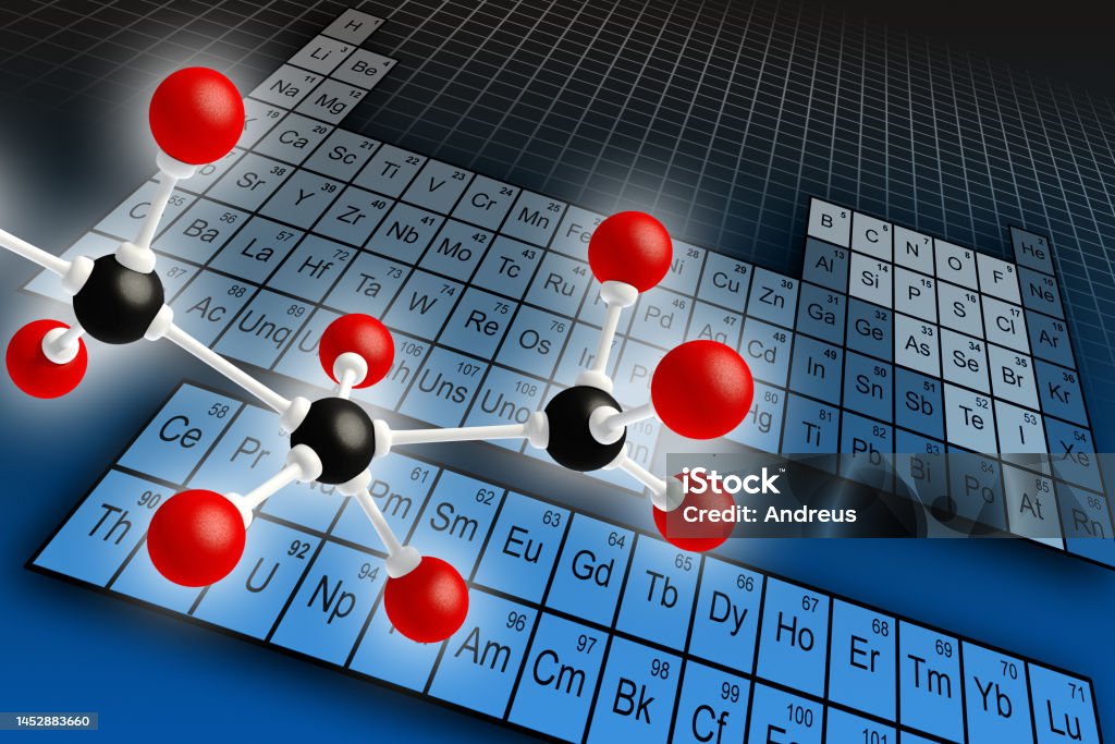Periodic table Molecule structure and periodic table of elements. Digital illustration, 3D rendering. Uranium Stock Photo