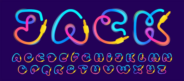 Alphabet set made of vivid gradient line wires with mini jacks icons and rainbow shine. Overlapping multicolor emblem. Ideal for music app, audio design, DJ identity, technology advertising. steel cable stock illustrations