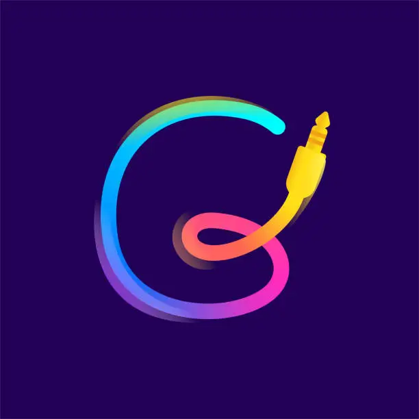 Vector illustration of E letter logo made of vivid gradient line wire with mini jack icon and rainbow shine.