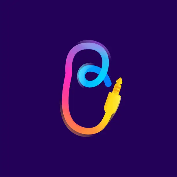 Vector illustration of I letter logo made of vivid gradient line wire with mini jack icon and rainbow shine.