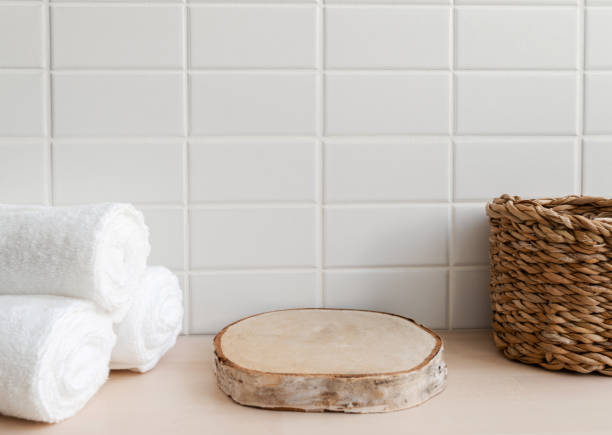 istock Natural round podium for bathing products in bathroom 1452884737