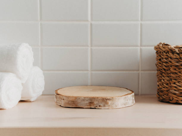 istock Natural round podium for bathing products in bathroom 1452884748