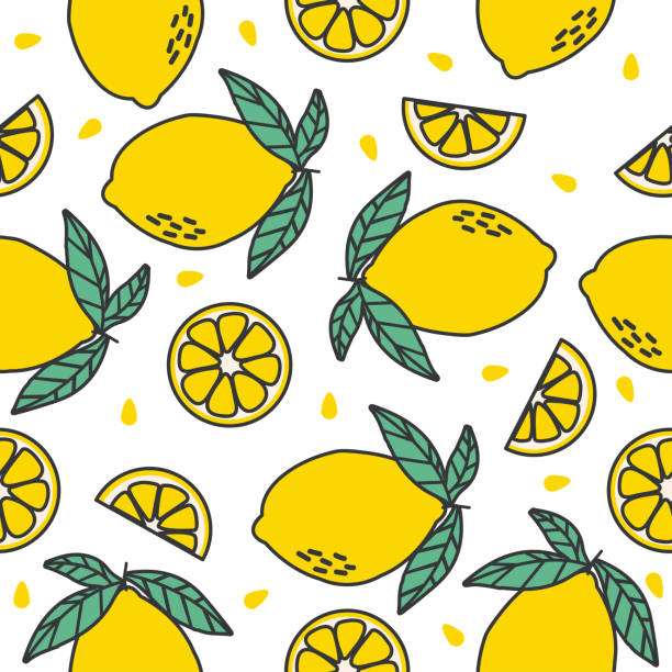 Lemon and lemon slice Fruit tropical seamless pattern Lemon and lemon slice Fruit tropical seamless pattern background citron stock illustrations