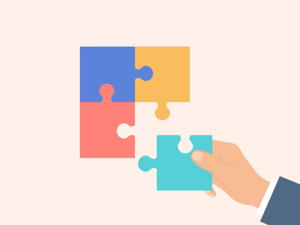 사업가 손 넣어 누락 된 퍼즐 조각 - jigsaw puzzle jigsaw piece organization puzzle stock illustrations