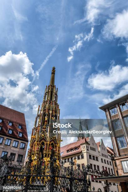 Low Angle View Of Schoner Brunnen In Nuremberg Germany Stock Photo - Download Image Now