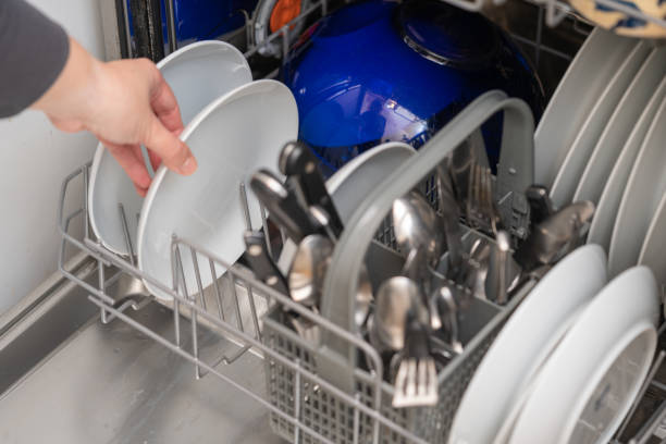 Woman use dishwasher machine for housework stock photo