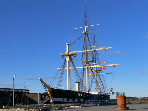 The original Danish wooden warship "Fregatten Jylland" in Ebeltoft stock photo