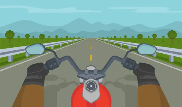 Vector illustration of Hands holding motorcycle handlebars. Riding a motorcycle on highway. Biker rides a red classic bike.