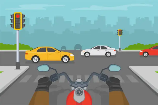 Vector illustration of Motorcycle driver waiting on a red light on city crossroad. Hands holding handlebar. Biker rides classic bike.