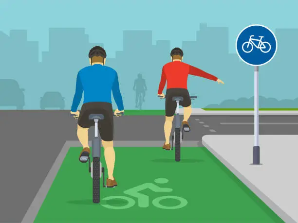 Vector illustration of Cyclist turning right on bike lane junction. Back view of a cyclist showing turning gesture while cycling.