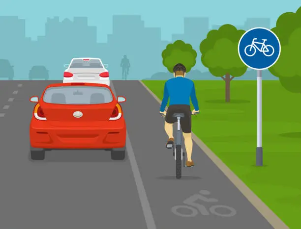Vector illustration of Traffic regulation tips. Safety bicycle riding. Back view of parked cars and cyclist on a bike lane.