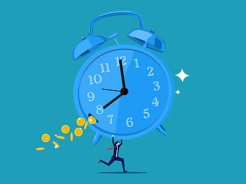 Less time for life. Businessman holding a big clock with money flowing vector