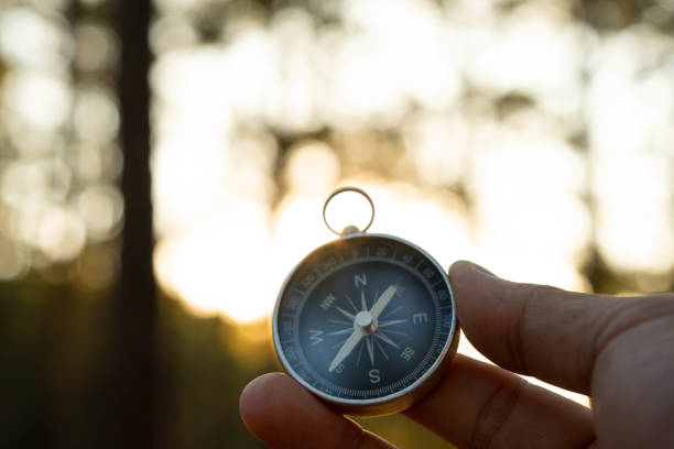 istock Compass in hand on natural pine forest background. hand holding compass in forest landscape. Young traveler searching direction with compass in summer mountains. 1452895645