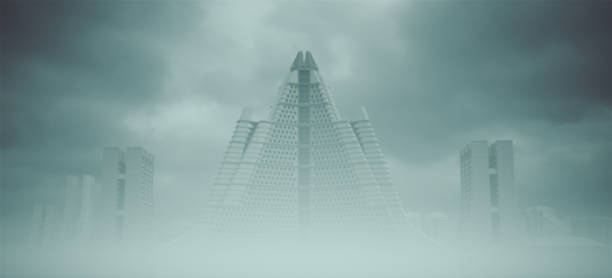 Retro Sci Fi Brutalist Buildings 1990s Science Fiction Architecture Overcast 3d illustration render