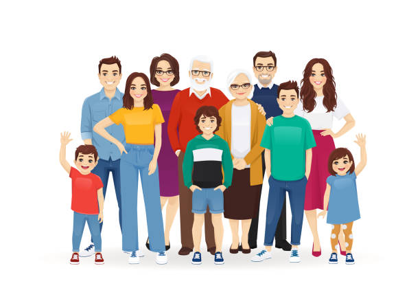Big family portrait Portrait of big happy family with grandparents and children vector illustration isolated. Mother, father, daughter, son, grandfather, grandmother standing together. old man smiling stock illustrations