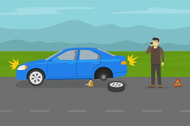 Vector illustration of Young male driver changing a flat tire on country road and calls car repair services.