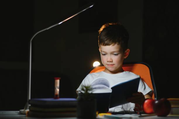 istock Boy learn lessons in the home setting at the table in the light of a table lamp. 1452900454