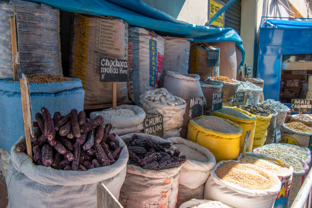Arequipa, Peru - April 14, 2022: San Camilo Market is one of the biggest markets in southern Peru.  It is located in the historical centre of Arequipa between the streets of San Camilo, Perú, Piérola and Alto de la Luna. Arequipa's  historical centre has been declared a UNESCO World Heritage Site.