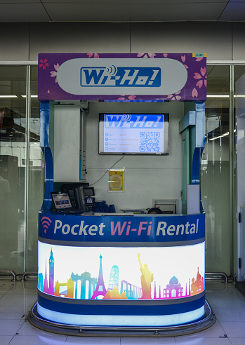 Bangkok, Thailand - Apr 23, 2018. Pocket Wifi Rental Booth at Departure Hall of Suvarnabhumi Airport in Bangkok, Thailand.