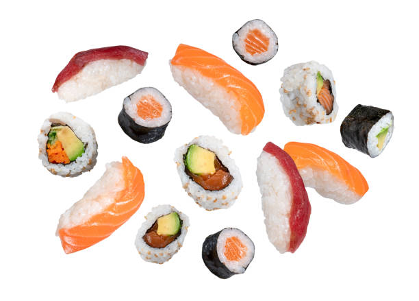 istock maki sushi falling isolated on white background 1452905440