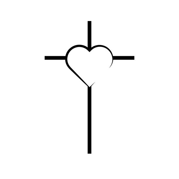 ilustrações, clipart, desenhos animados e ícones de cruz cristã com ícone do coração. ícone da religião negra. ilustração vetorial - cross shape cross heart shape jesus christ