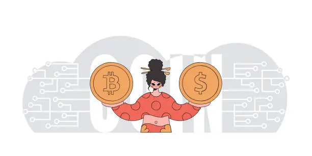 Vector illustration of Girl is holding bitcoin and dollar. Cryptocurrency and fiat exchange concept.
