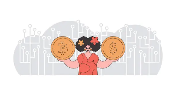 Vector illustration of Girl is holding bitcoin and dollar. Cryptocurrency theme.