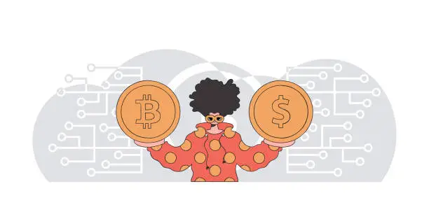 Vector illustration of Man holding dollar and bitcoin. Cryptocurrency and fiat exchange theme.
