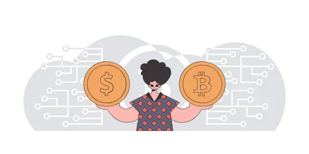 Vector illustration of Man holding bitcoin and dollar. Cryptocurrency and fiat exchange concept.