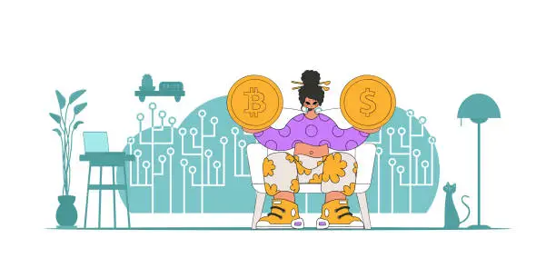 Vector illustration of The girl is holding a dollar and bitcoin coin. Cryptocurrency and fiat exchange theme.