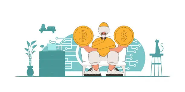 Vector illustration of A man is holding a dollar and bitcoin coin. Cryptocurrency and fiat exchange concept.