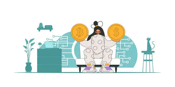 Vector illustration of The girl is holding a coin of bitcoin and dollar. Cryptocurrency and fiat exchange theme.